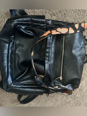 Black Faux Leather Backpack with Patterned Detachable Strap